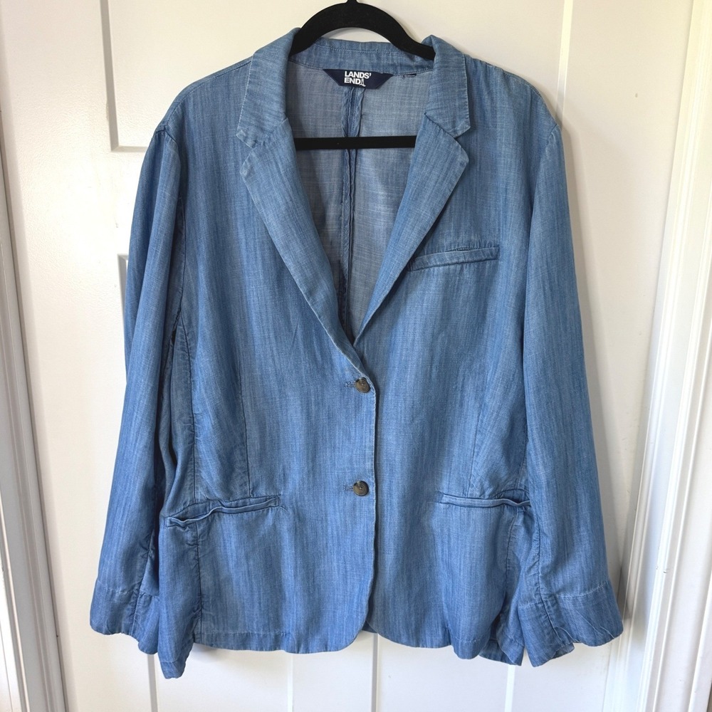 Lands End Women Blue Chambray Blazer Two Button Lightweight Denim Look Jacket